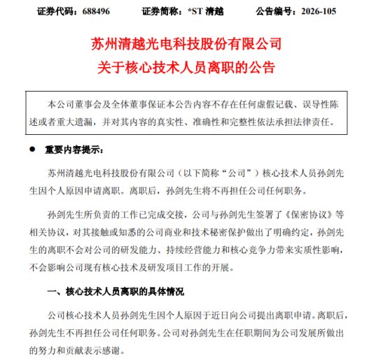 *ST清越公告，核心技术人员再离职